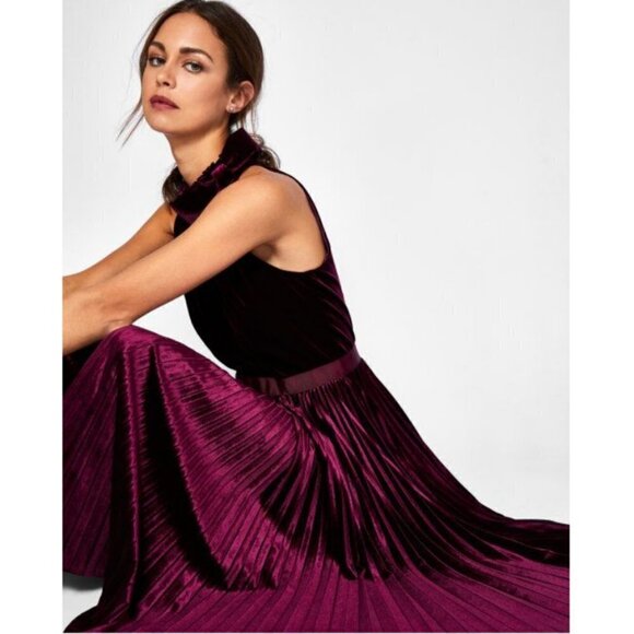 💕TED BAKER💕 Cornela Pleated Velvet Midi Dress ~ Oxblood TB4 US 10 NWT - Picture 1 of 17